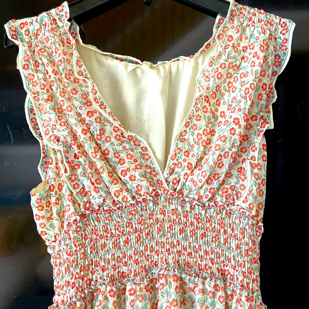 MAX STUDIO FLORAL SLEEVELESS V-NECK SMOCK ALCOTTAGECORE EMPIRE MAXI DRESS
